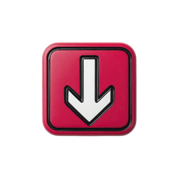 Red square button with white downward arrow symbol, outlined in black, is depicted. button has glossy finish and modern design, suggesting functionality and direction png