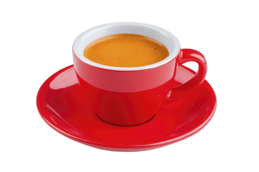 Vibrant red coffee cup filled with espresso sits on matching saucer, showcasing rich crema on top. simple yet striking design evokes sense of warmth and energy png