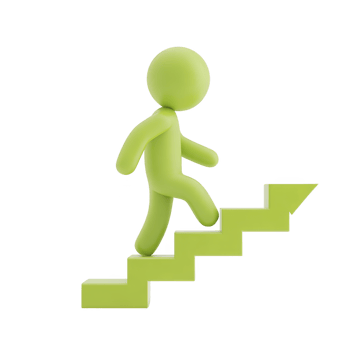 Green 3D figure is climbing staircase, symbolizing progress and growth. minimalist design and vibrant color convey sense of motivation and achievement png