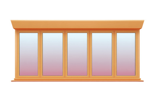 Large, modern bay window with five glass panels and wooden frame, featuring gradient from blue to pink, creating contemporary and stylish appearance png