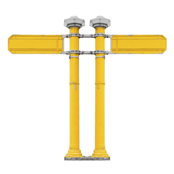 Two yellow signposts with blank directional signs stand side by side, featuring vintage design with ornate tops. signs are empty, ready for customization png