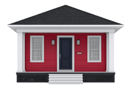 Charming small red house with black roof and white columns, featuring central door and two windows. design is simple yet inviting, perfect for cozy home png