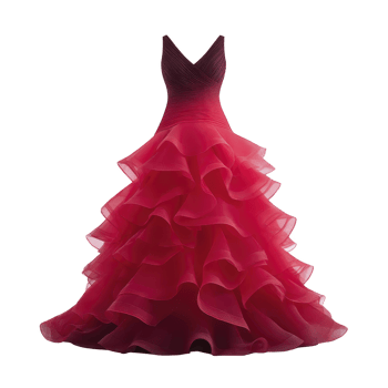 Stunning red ball gown with layered ruffles and fitted bodice, perfect for formal occasions and elegant events. vibrant color and flowing design create dramatic effect png