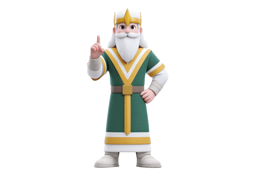 Cartoon king character with white beard and crown stands confidently, pointing upward. He wears green and gold robe with belt, exuding regal and wise demeanor png
