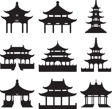 Nine Black Silhouettes of Asian Style Temples Pagodas and Gateways on White Background Architectural Icons Set vector