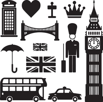 Black Silhouette Icons Collection of London Landmarks British Culture Symbols including Big Ben Tower Bridge Union Jack Flag Double Decker Bus vector