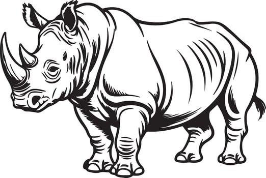 Black and White Rhinoceros Silhouette Detailed Line Art Animal Illustration Wildlife Graphic Design Element vector
