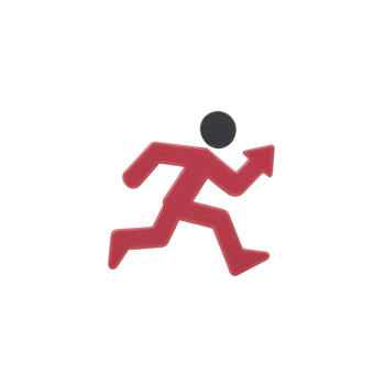 Red running figure icon with arrow pointing upward, symbolizing movement or progress. design is simple and modern, often used in signage or digital interfaces to indicate direction or action png