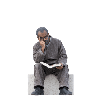 Man in casual attire sits on stone bench, deeply engrossed in reading book. He appears thoughtful, wearing glasses and brown outfit, with contemplative expression png