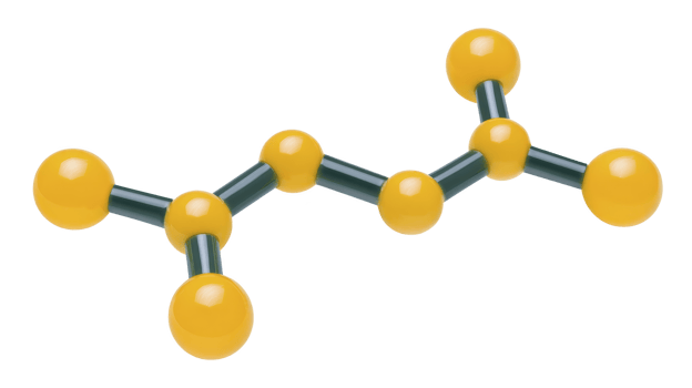 3D molecular model of hydrocarbon compound with yellow spheres representing atoms connected by black rods. structure is linear and symmetrical, illustrating simple organic molecule png