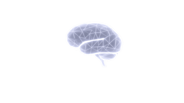 Glowing digital brain illustration with network of geometric lines and transparency background, symbolizing artificial intelligence and futuristic technology png