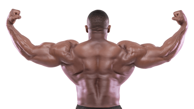 Muscular man flexing his back and arm muscles, showcasing strength and fitness. image highlights definition and size of his muscles, emphasizing bodybuilding and physical health png