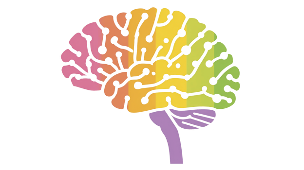 Colorful illustration of brain with interconnected nodes, symbolizing creativity and connectivity. gradient of colors from pink to green adds vibrant and modern touch png