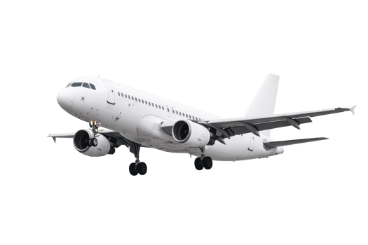 White commercial airplane in flight with landing gear extended, set against clear sky. aircraft is twin engine jet, commonly used for passenger transport png