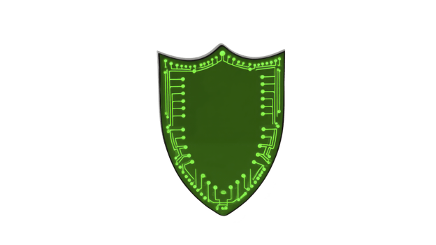 Digital shield with green circuit board design symbolizes cybersecurity and protection. glowing circuitry pattern conveys sense of advanced technology and security png