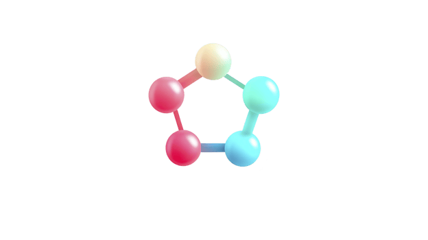 Colorful 3D molecular structure with five connected spheres pentagonal arrangement, each sphere different shades of red, blue, and yellow, representing atoms or molecules. image conveys sense png