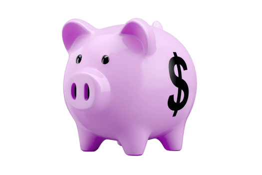 Purple piggy bank with dollar sign symbolizes savings and financial planning. glossy finish and simple design make it ideal for illustrating concepts of budgeting and money management png
