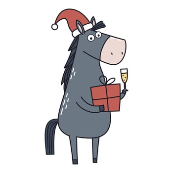 Cute horse in Santa Claus hat holding gift box and champagne glass. Christmas card vector