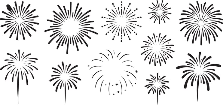 Twelve Black Fireworks Silhouettes Exploding in Various Shapes and Sizes Traced Illustration Set Isolated on White Background vector