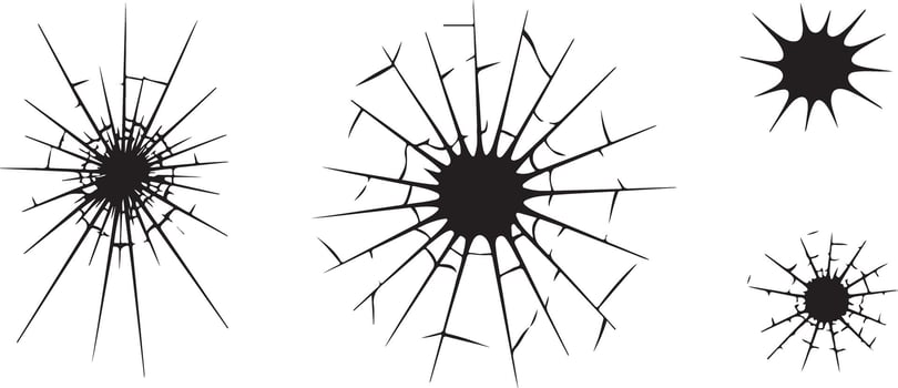 Black Silhouettes of Four Broken Glass Windows Showing Cracks and Shattered Pieces Radiating from Central Holes Different Sizes and Irregular vector