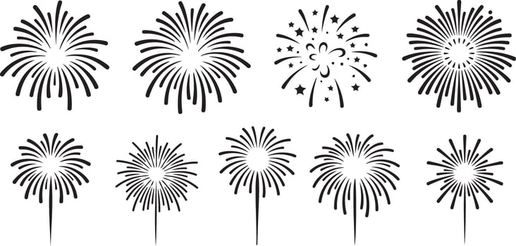 Ten Black Fireworks Silhouettes Varied Sizes and Styles Isolated on White Background Simple Line Art Traced Designs Celebration Event Symbols vector