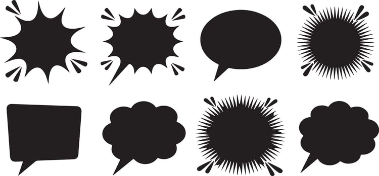 Eight Black Silhouettes of Speech Bubbles and Starburst Shapes on White Background Collection of Graphic Design Elements for Comics and Text vector