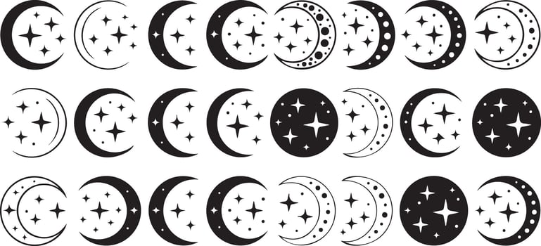 Collection of Eighteen Black and White Crescent Moon and Star Silhouettes Varied Designs and Arrangements vector