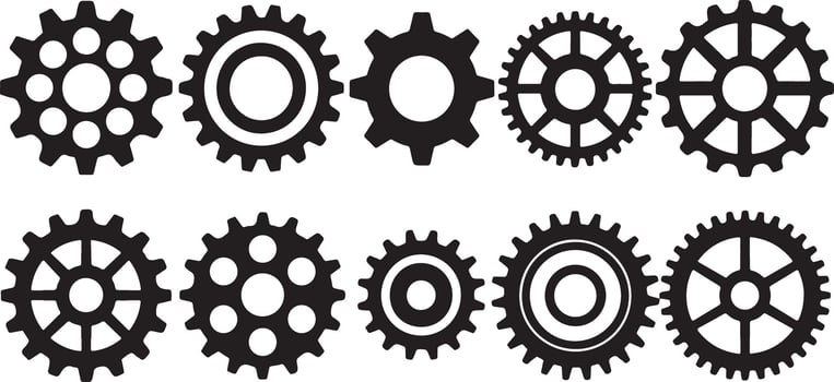 Black and White Silhouette Set of Ten Cogwheels Gear Icons Various Sizes and Designs Mechanical Engineering Industrial Parts Traced Illustration vector
