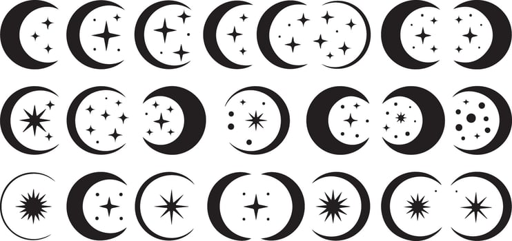 Collection of twentyfour black crescent moon silhouettes with varying star patterns inside and outside each moon graphic design elements vector