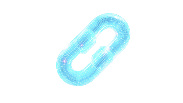 Glowing digital chain link with futuristic design, symbolizing connectivity and technology. blue hue and grid pattern suggest high tech, cyber theme, evoking innovation and digital networks png