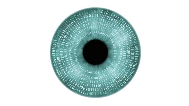 Digital eye with binary code represents concept of technology and data visualization. image symbolizes integration of human vision with digital information, highlighting themes of surveillance png
