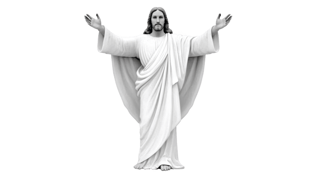 Statue of religious figure with outstretched arms, wearing flowing robe, symbolizes peace and spirituality. sculpture is detailed and evokes sense of reverence and calm png
