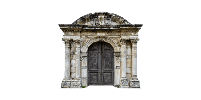 Ornate Stone Archway With Carved Wooden Doors. Historical Architecture And Cultural Heritage Isolated On Transparent Background png