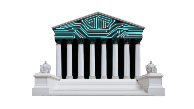 Digital circuit design is integrated into facade of classical Greek temple, symbolizing fusion of technology and tradition. temple features columns and statues, creating futuristic yet historical png