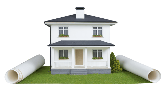 Small white house with black roof is surrounded by green grass and two large architectural blueprints. scene suggests planning and construction, evoking sense of home design and development png