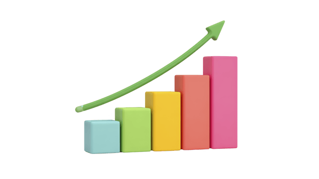 Colorful 3D bar graph with upward green arrow symbolizes growth and success. bars are in pastel shades of blue, green, yellow, orange, and pink, representing positive progress png