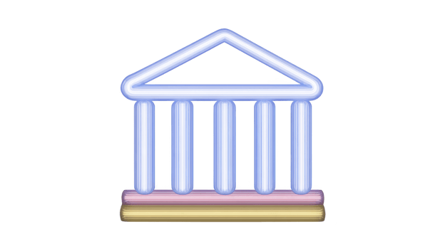 Glowing neon icon of classical building with columns, symbolizing architecture or institutions. design features blue outline with pink and yellow base, creating modern and vibrant look png