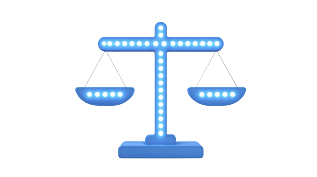 Glowing blue balance scale with illuminated dots symbolizes justice and fairness. modern design and bright lights create futuristic and innovative feel png
