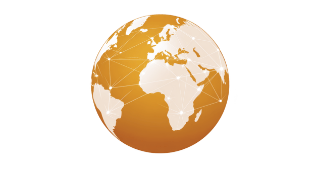 Stylized orange globe with interconnected lines represents global communication and connectivity. design highlights continents and network connections, symbolizing international collaboration png