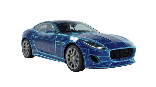 Sleek blue sports car with digital wireframe overlay, showcasing modern automotive design and technology. image highlights car aerodynamic shape and futuristic features png