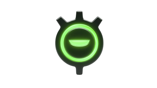 Glowing green circular symbol with smiley face is set against transparency background, resembling futuristic or digital icon. design is simple yet striking, with modern and tech inspired aesthetic png