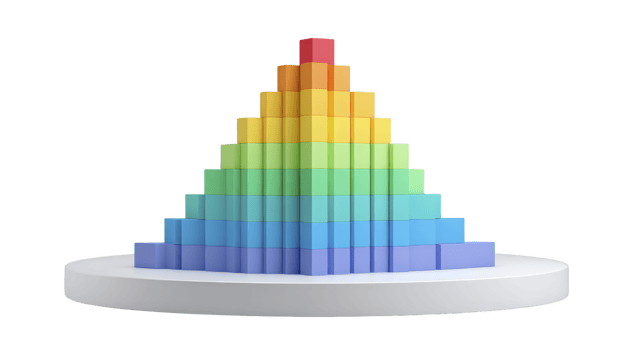 Colorful 3D pyramid chart with stacked layers in red, orange, yellow, green, and blue hues, displayed on white circular platform. vibrant design conveys data visualization png