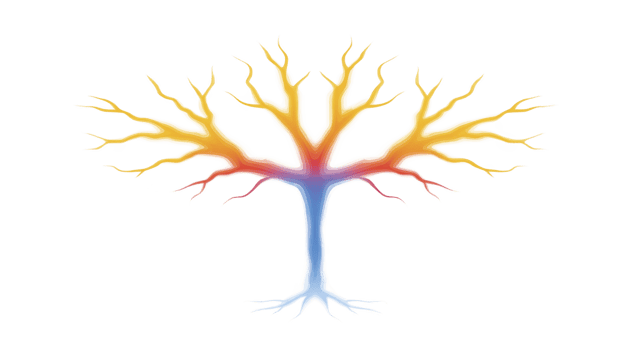 Vibrant, abstract tree with colorful branches radiating from central trunk, resembling neural pathways or lightning. gradient transitions from blue base to warm yellows and reds tips png
