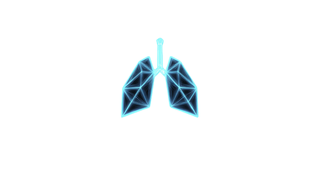 Digital illustration of geometric lungs in blue neon light, symbolizing health and technology. futuristic design highlights intersection of medicine and innovation png