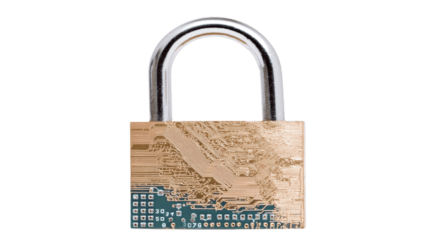 Padlock with circuit board design symbolizes cybersecurity and digital protection. lock metallic finish and intricate circuitry pattern convey sense of modern technology and security png