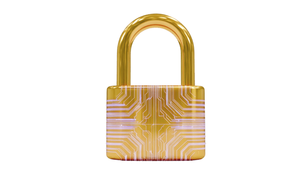 Golden padlock with digital circuit pattern symbolizes cybersecurity and data protection. shiny metallic finish and intricate design convey sense of security and modern technology png