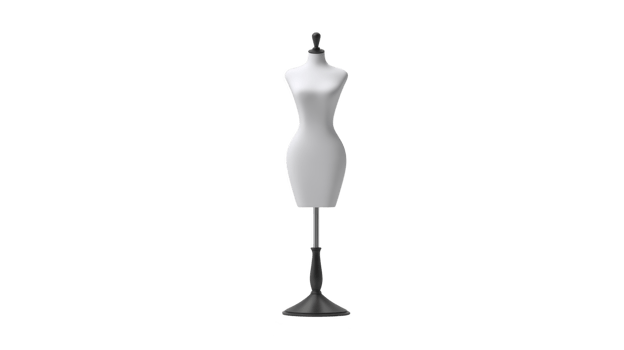 White dress form mannequin stands on black adjustable stand, used for fashion design and tailoring. sleek, minimalist design is ideal for showcasing garments in studio or boutique setting png