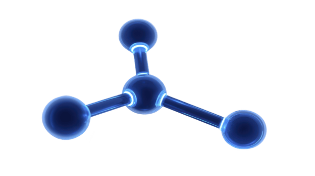 3D model of simple molecule with three connected spheres representing atoms, glowing with blue hue, illustrating basic chemical structure png