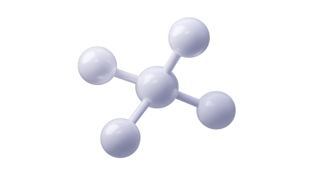 3D model of simple molecular structure with central atom connected to four surrounding atoms, resembling tetrahedral shape. model is white, representing basic chemical compound png