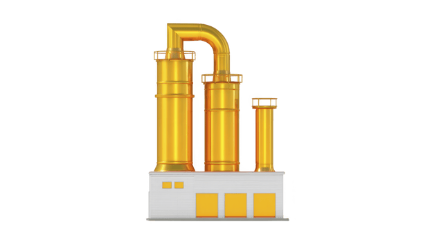 Digital illustration of stylized factory with tall, golden chimneys and white base, representing industrial architecture. design is sleek and modern, emphasizing clean lines and vibrant colors png